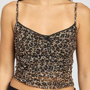 Stylish V-Neck Ruched Crop Top with Leopard Print & Bow Detail